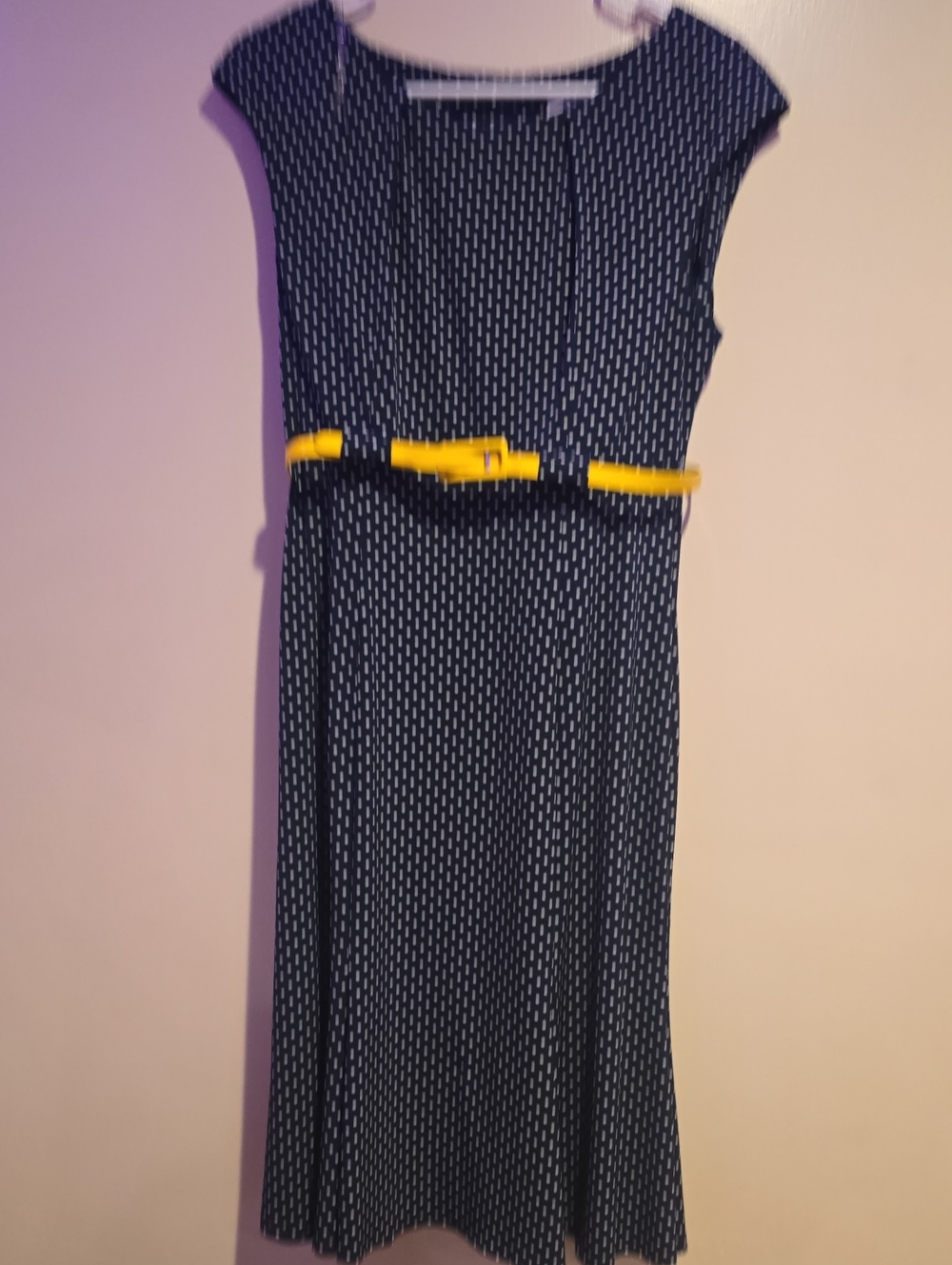 NorthStyle Navy Dash-Pattern Midi Dress with Yellow Belt